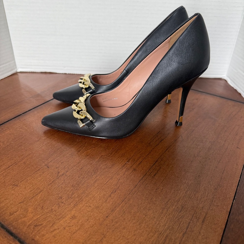 Linea Paolo Black Leather Pointed Toe Chain Link Stiletto Pumps Heels 6.5M
